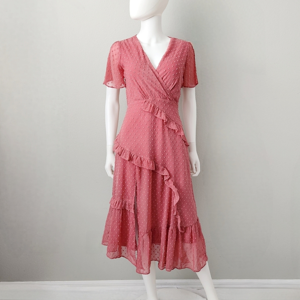 Lulus Sexy Rusty Rose Ruffle Dress With Asymmetric Hem & Leg Slit, Size Small